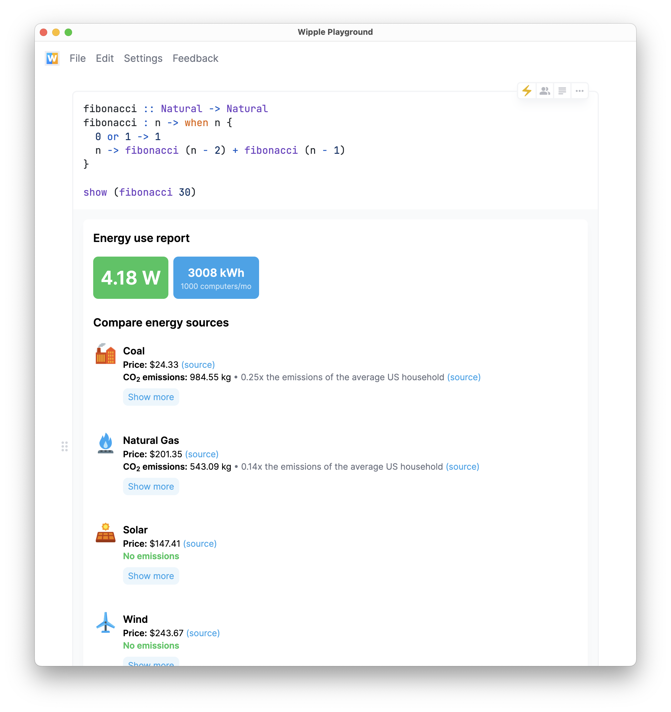 Screenshot of Wipple's energy module